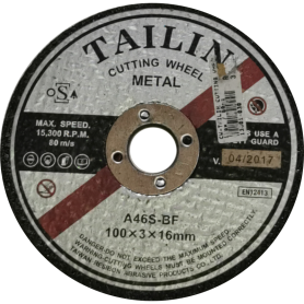 TAILIN CUTTING WHEEL - 4" X A46S 100mm x 3.0mm x 16mm (1box / 50pc)