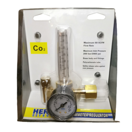 HERO-TECH MIG (CO2) REGULATOR C/W FLOWMETER - GOLD (398CR)