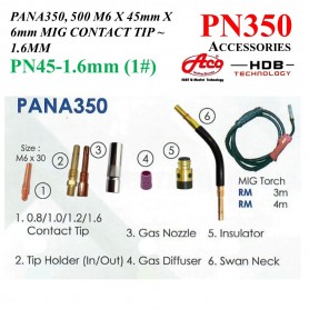 PN350- PANA350 MIG TORCH ACCESSORIES: CONTACT TIP, TIP HOLDER, GAS NOZZLE, DIFFUSER, INSULATOR, SWAN NECK