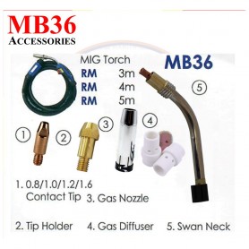 MB36 TORCH ACCESSORIES: CONTACT TIP, TIP HOLDER, GAS NOZZLE, DIFFUSER, SWAN NECK