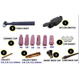 W020- WP17 18 26 TIG TORCH ACCESSORIES:  SWITCH, LONG, SHORT, BODY, COLLECT, CERAMIC, GASKET, TORCH BODY