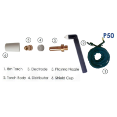 P50 PLASMA TORCH ACCESSORIES: TORCH BODY, ELECTRODE, SWIRL RING, NOZZLE, SHIELD CAP