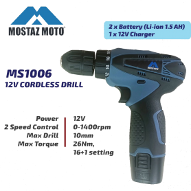 MOSTAZ 12V CORDLESS DRILL WITH 2x Battery Li-ion 1.5Ah & 1x 12V Charger (MS1006)