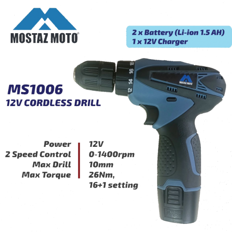 MOSTAZ 12V CORDLESS DRILL WITH 2x Battery Li-ion 1.5Ah & 1x 12V Charger (MS1006)