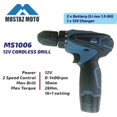 MOSTAZ 12V CORDLESS DRILL WITH 2x Battery Li-ion 1.5Ah & 1x 12V Charger (MS1006)