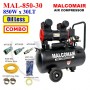 MALCOMAIR OIL LESS AIR COMPRESSORS - 8Bar x 850W x 30LT (MAL-850-30)