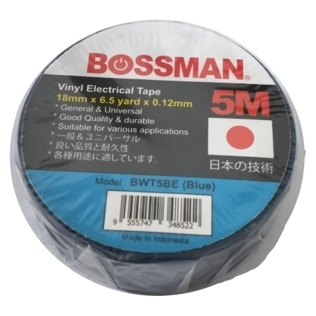 BOSSMAN PVC WIRE TAPE (18mm X 5Mtr) BLACK, RED, GREEN, BLUE, YELLOW