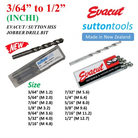 SUTTON HSS JOBBER DRILL BIT (INCHI) (EVACUT DRILL BIT) MADE IN NEW ZEALAND