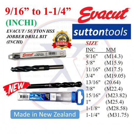 SUTTON HSS REDUCES SHANK DRILL BIT - 1/2 SHANK (INCHI) (EVACUT DRILL BIT)