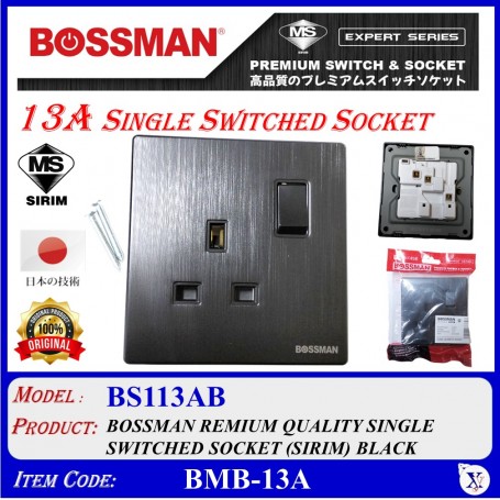 BOSSMAN RREMIUM QUALITY SINGLE SWITCHED SOCKET (SIRIM) 13A (WHITE / BLACK)