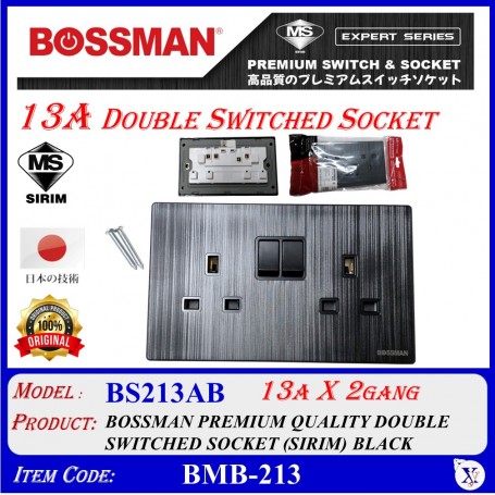 BOSSMAN PREMIUM QUALITY DOUBLE SWITCHED SOCKET (SIRIM) 13A x 2Gang (WHITE / BLACK)
