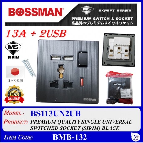BOSSMAN PREMIUM QUALITY SINGLE UNIVERSAL SWITCHED SOCKET (SIRIM) 13A + 2USB (WHITE / BLACK)