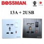 BOSSMAN PREMIUM QUALITY SINGLE UNIVERSAL SWITCHED SOCKET (SIRIM) 13A + 2USB (WHITE / BLACK)