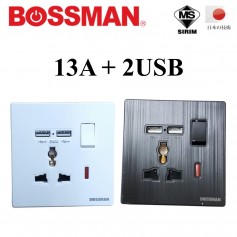 BOSSMAN PREMIUM QUALITY SINGLE UNIVERSAL SWITCHED SOCKET (SIRIM) 13A + 2USB (WHITE / BLACK)