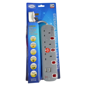 LEMAX TRAILING SOCKET WITH NEON & USB (2M) GREY 3+2WAY (ES-313U)