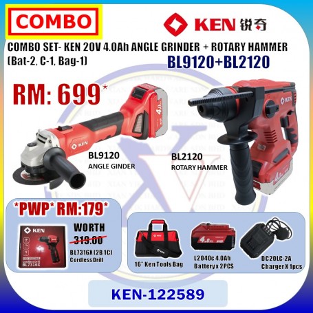 COMBO SET- KEN 20V 4.0Ah ANGLE GRINDER + ROTARY HAMMER (Bat-2, C-1, Bag-1)  (BL9120+BL2120)