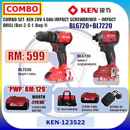 COMBO SET- KEN 20V 4.0Ah IMPACT SCREWDRIVER + IMPACT DRILL (Bat-2, C-1, Bag-1)  (BL6720+BL7220)