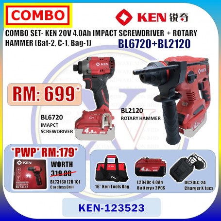 COMBO SET- KEN 20V 4.0Ah IMPACT SCREWDRIVER + ROTARY HAMMER (Bat-2, C-1, Bag-1)  (BL6720+BL2120)