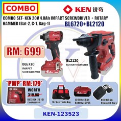 COMBO SET- KEN 20V 4.0Ah IMPACT SCREWDRIVER + ROTARY HAMMER (Bat-2, C-1, Bag-1)  (BL6720+BL2120)
