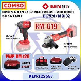 COMBO SET- KEN 20V 4.0Ah IMPACT WRENCH + ANGLE GRINDER (Bat-2, C-1, Bag-1)  (BL7520+BL9102)