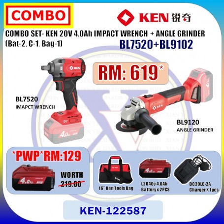 COMBO SET- KEN 20V 4.0Ah IMPACT WRENCH + ANGLE GRINDER (Bat-2, C-1, Bag-1)  (BL7520+BL9102)