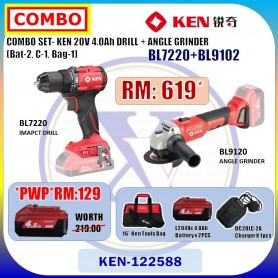 COMBO SET- KEN 20V 4.0Ah DRILL + ANGLE GRINDER (Bat-2, C-1, Bag-1)  (BL7220+BL9102)